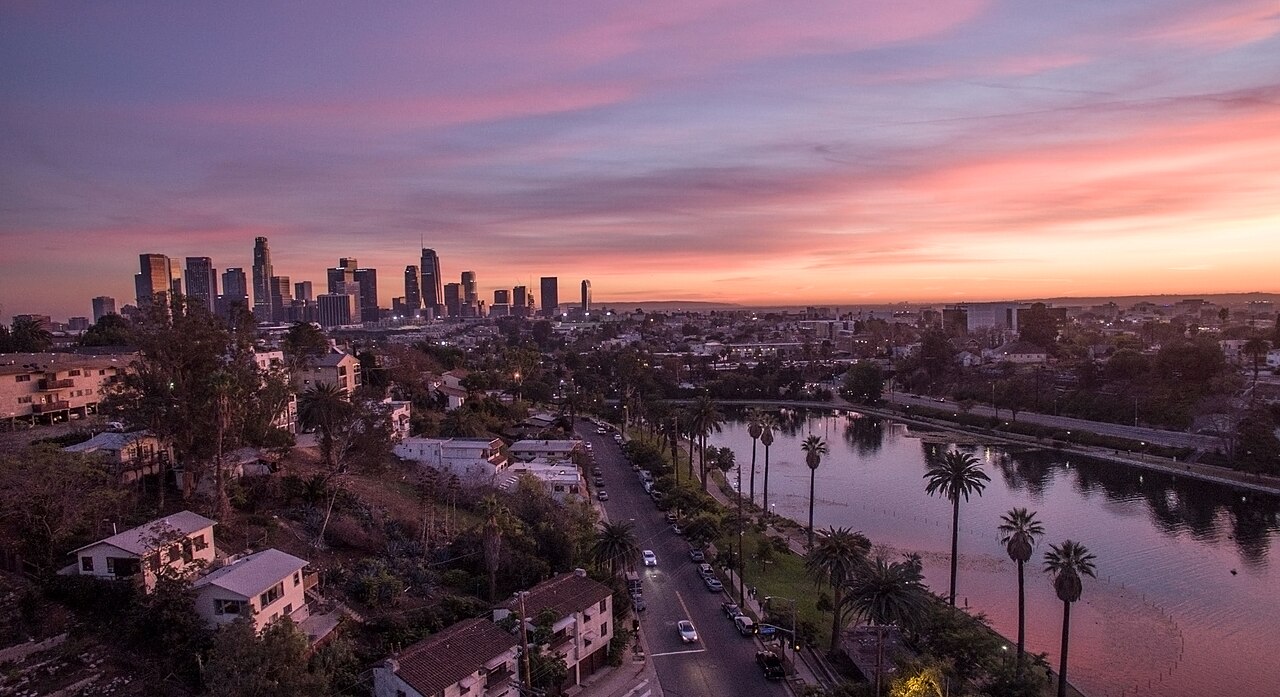Echo Park Lake and the Los Angeles skyline at sunset